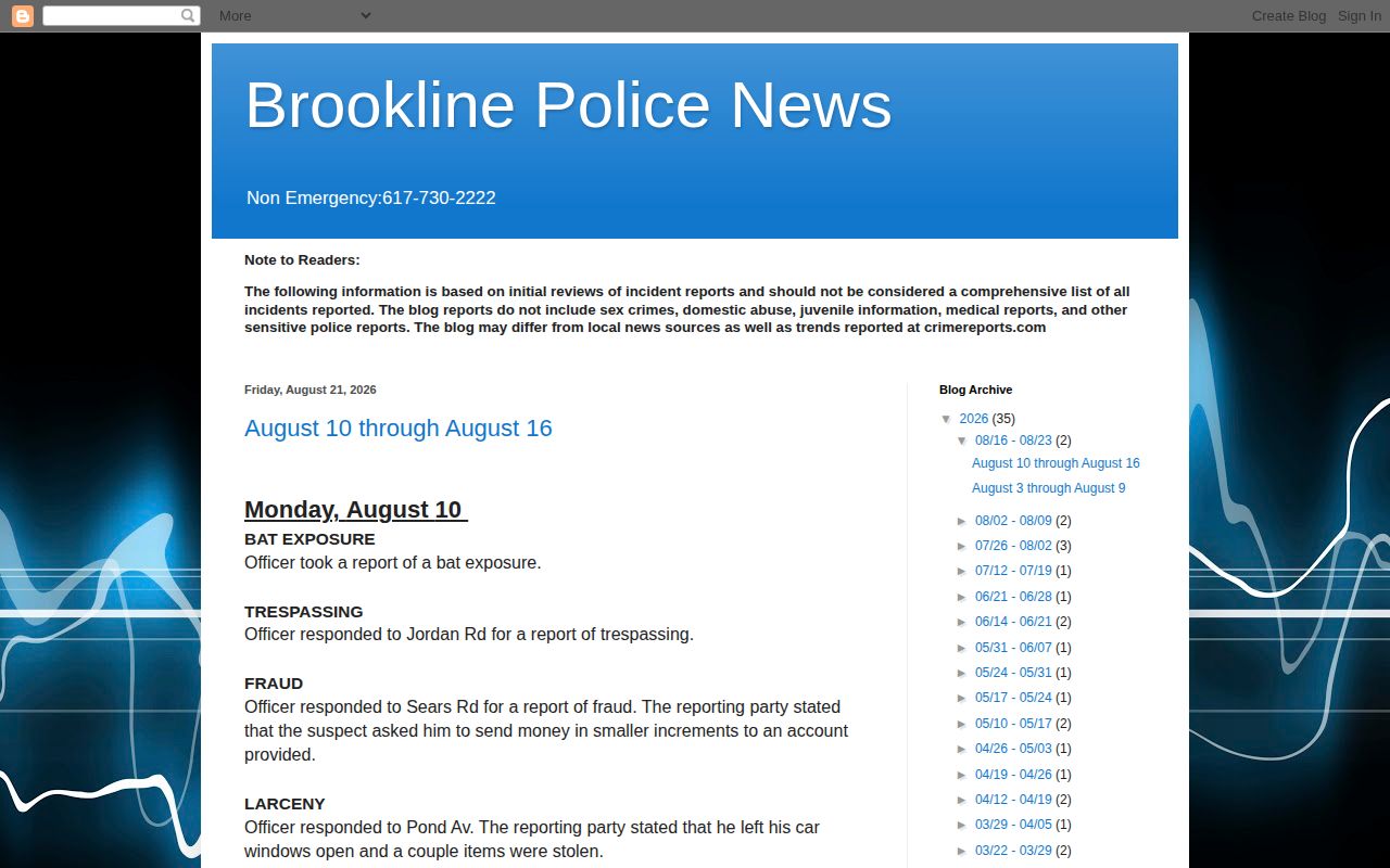 Brookline Police weekly arrest news record page