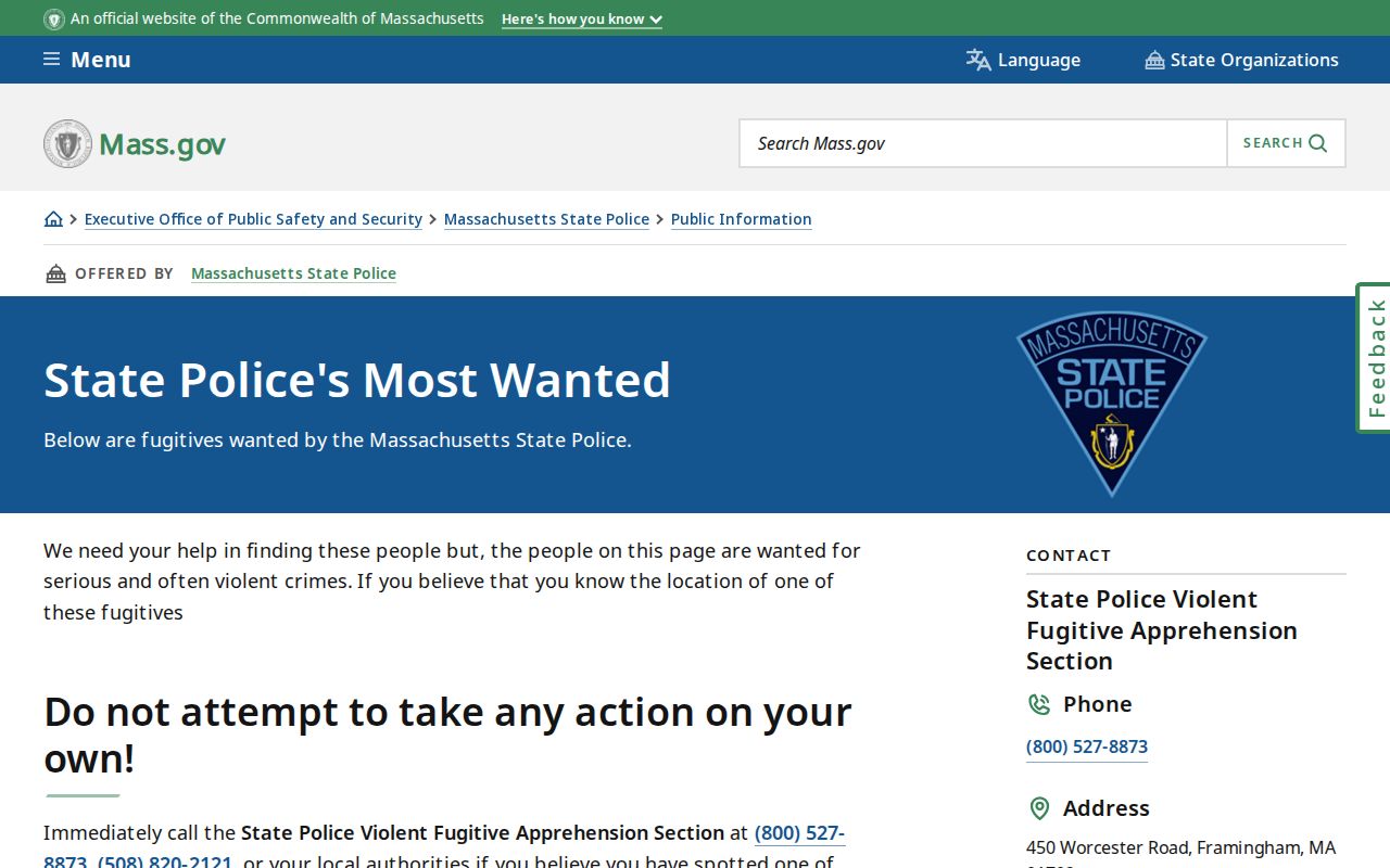 Massachusetts State Police official wanted fugitives list serving Norfolk County